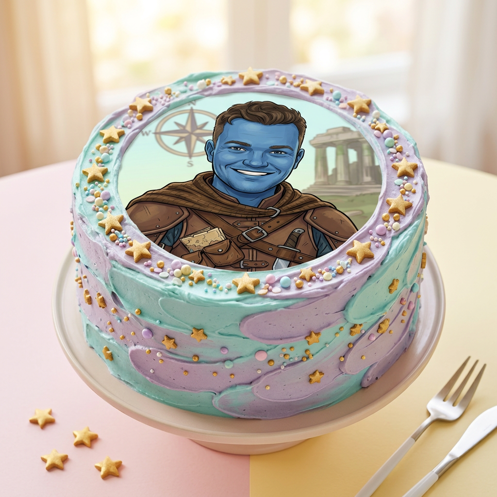 Celebration cake topped with an edible printed blue fantasy adventurer portrait