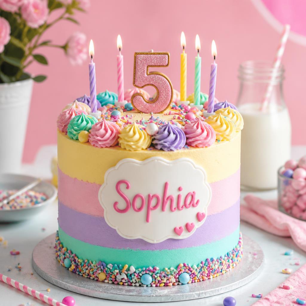 Colourful pastel birthday cake with a name plaque and candles