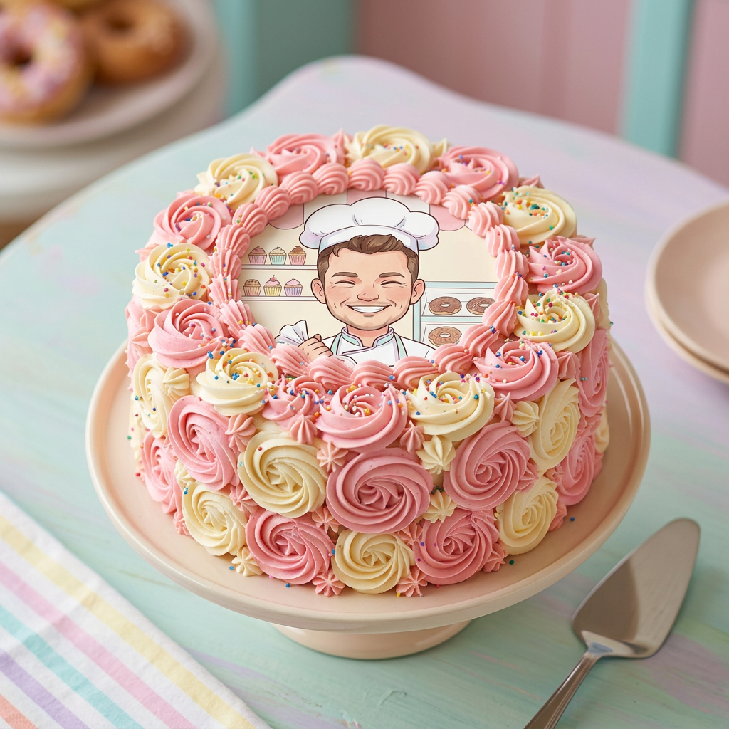 Celebration cake topped with an edible printed cartoon chef character portrait