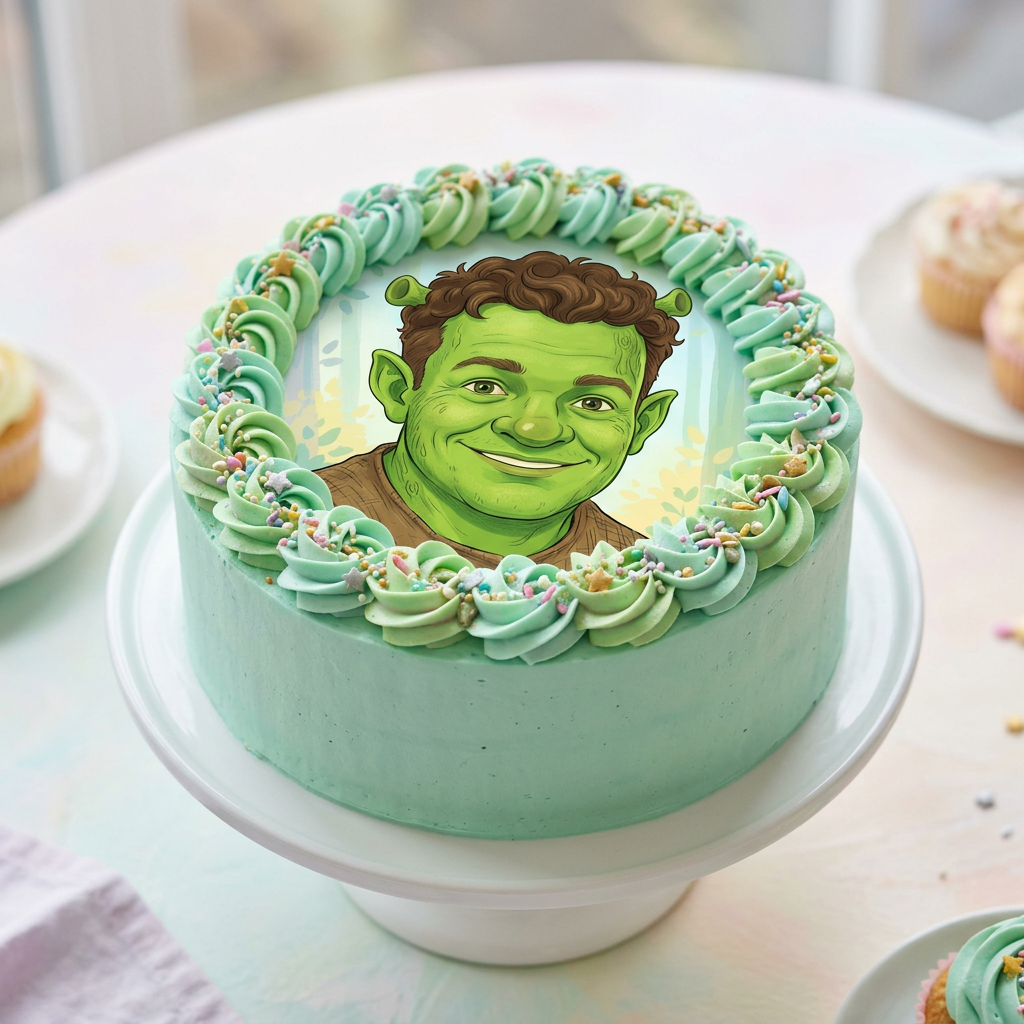 Celebration cake topped with an edible printed green fantasy ogre character portrait