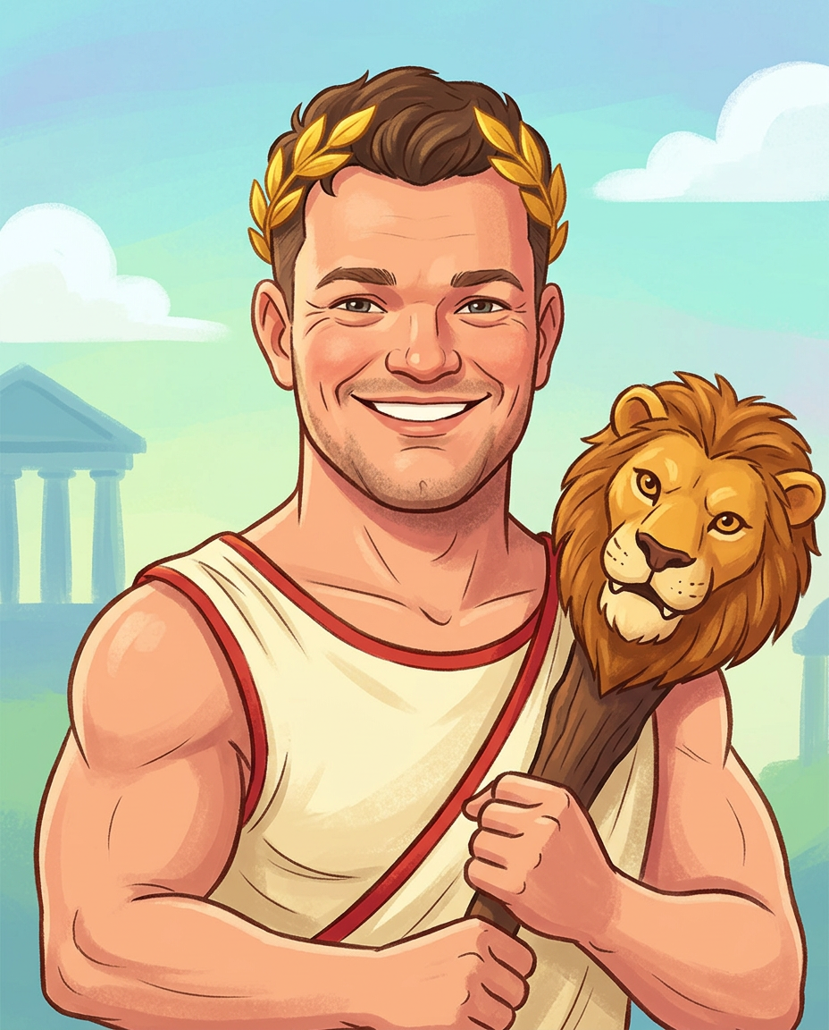 Original mythological strongman cartoon portrait