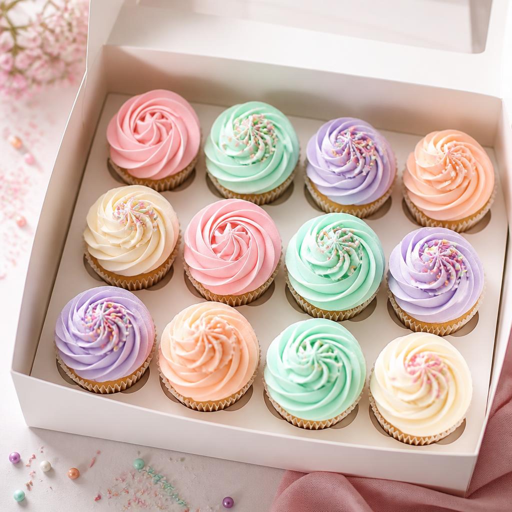 Box of twelve pastel buttercream cupcakes