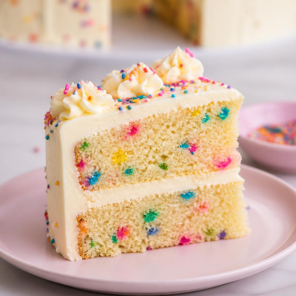 Slice of funfetti sponge cake with colourful sprinkles and vanilla buttercream